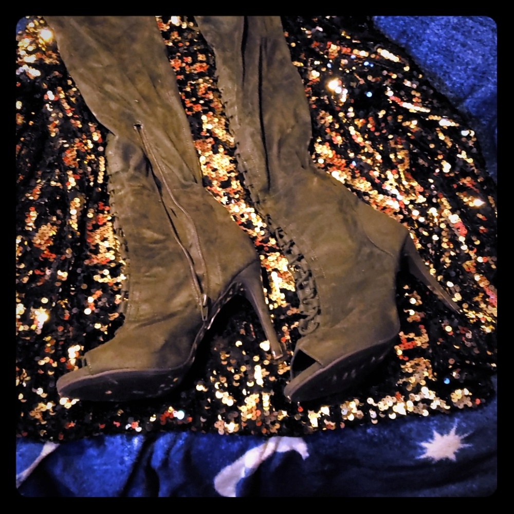 Olive color over the knee peek toe sexy boot